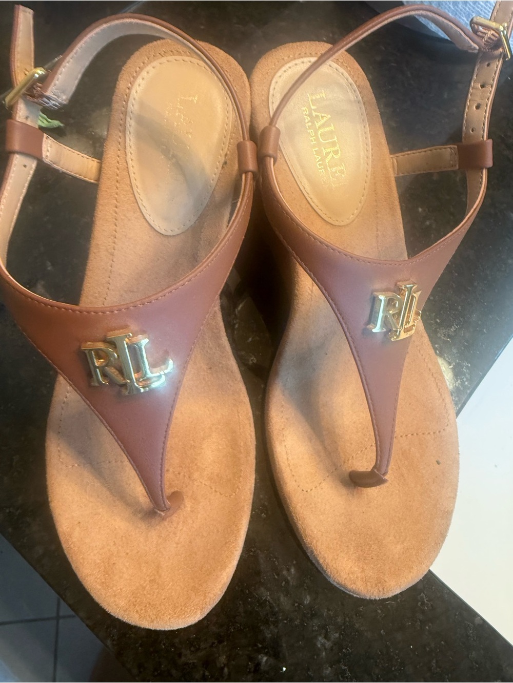 Lauren Ralph Lauren Brown Leather RL Thong Sandals with Gold Logo